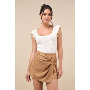 Lulus City Delights Light Brown Suede Twist-front High-rise Skort - Size L